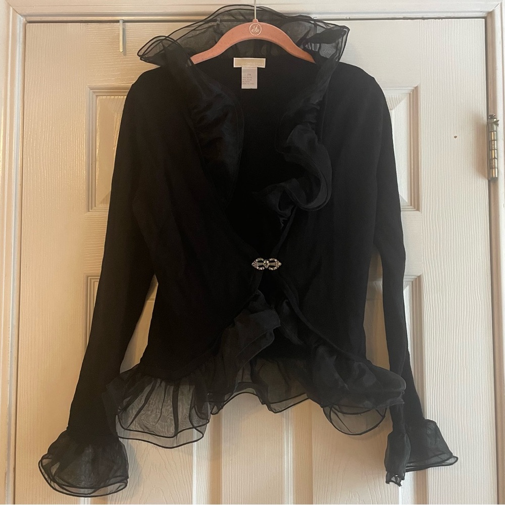 Christina Petite Medium Black Dressy Jacket Tulle Trim Collar